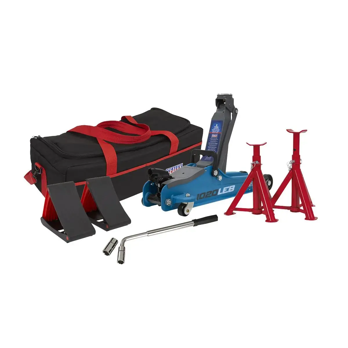 Sealey Low Entry Short Chassis Trolley Jack & Accessories Bag Combo, 2 Tonne - Blue 1