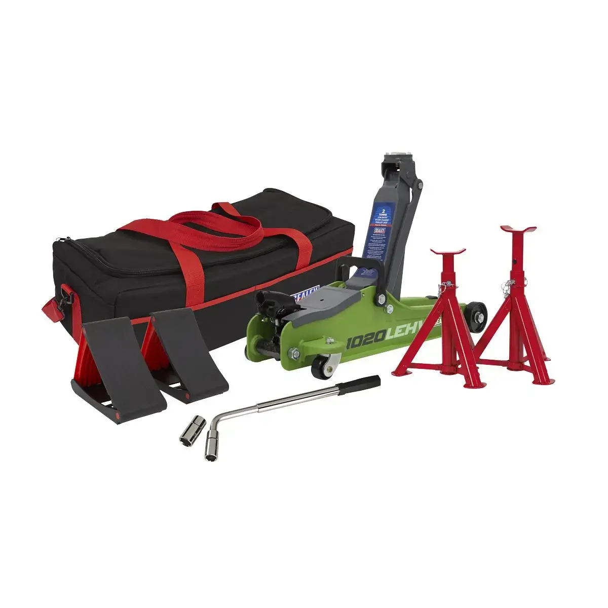 Sealey Low Entry Short Chassis Trolley Jack & Accessories Bag Combo, 2 Tonne - Green 1