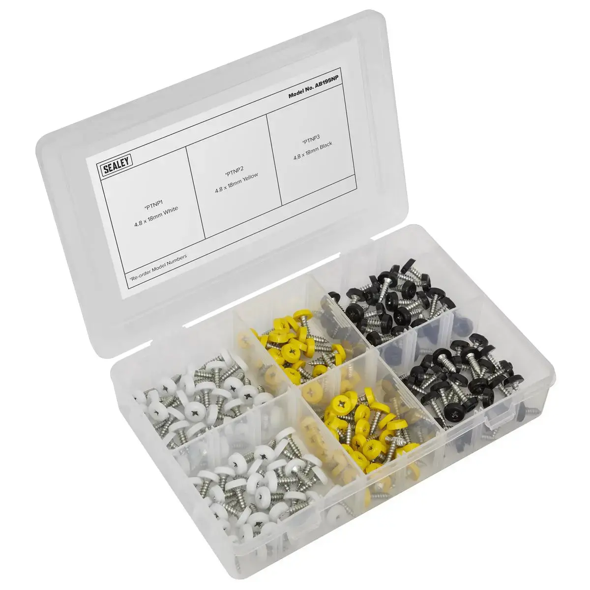 Sealey Numberplate Screw Assortment 195Pc 4.8Mm X 18Mm - Plastic Enclosed Head 1