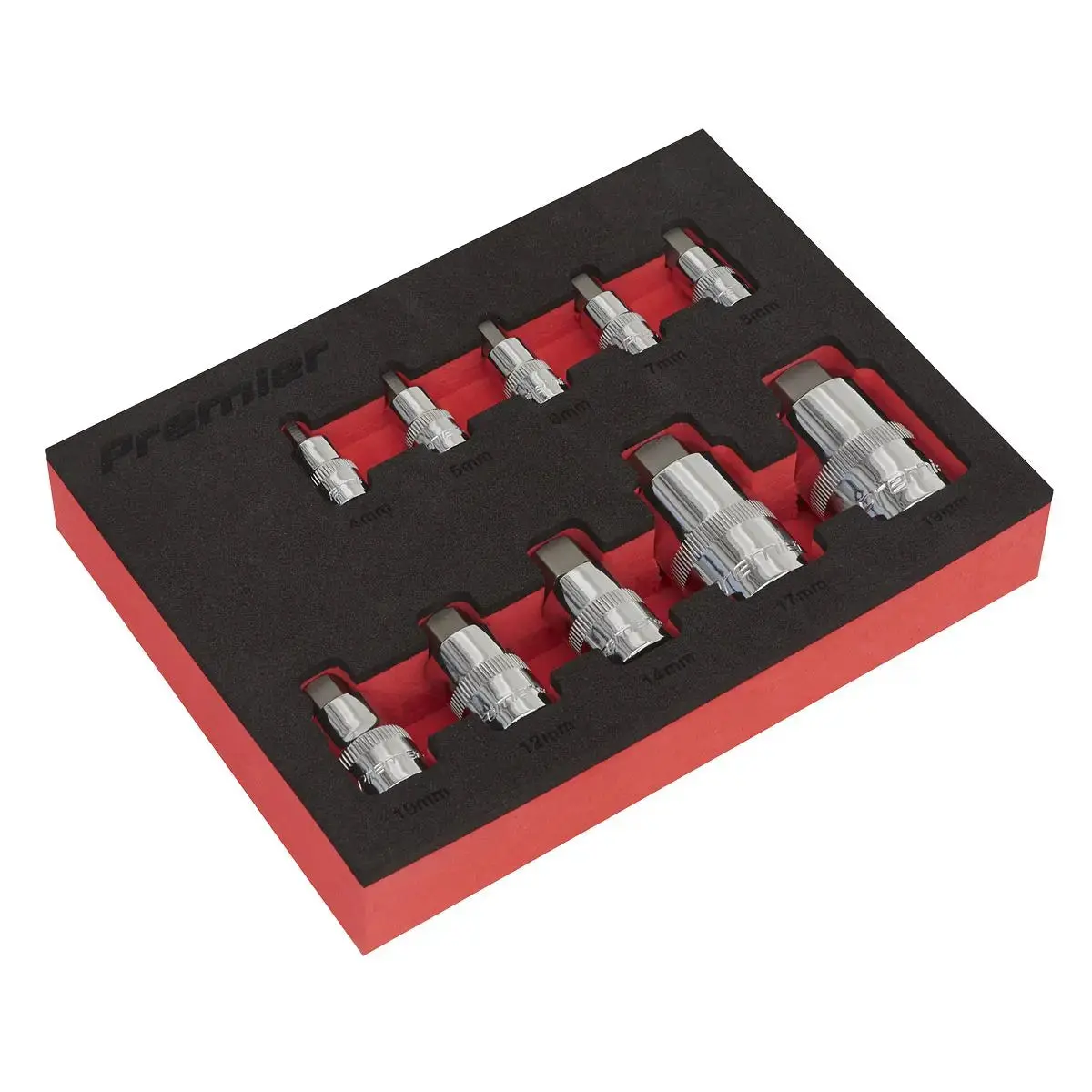 Sealey Premier 10 Piece 1/4" 3/8" 1/2" Drive Stubby Hex Socket Bit Set In Eva Tray 4-19Mm 1