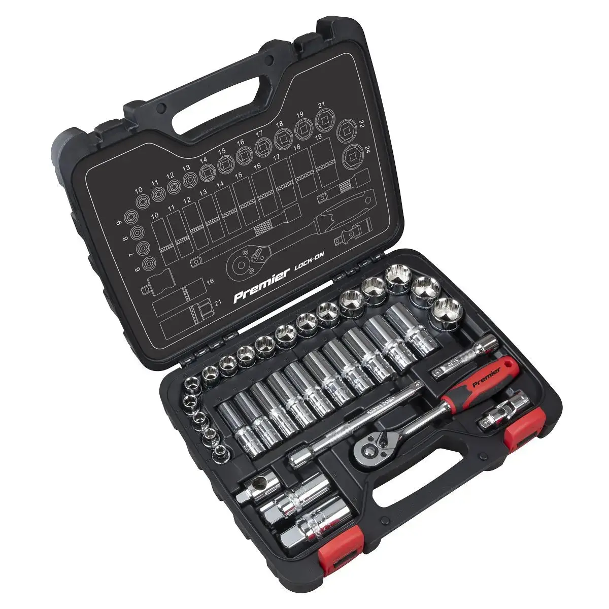 Sealey Premier 34 Piece 3/8" Drive Lock On Socket Set 6-24Mm Ratchet Handle 1