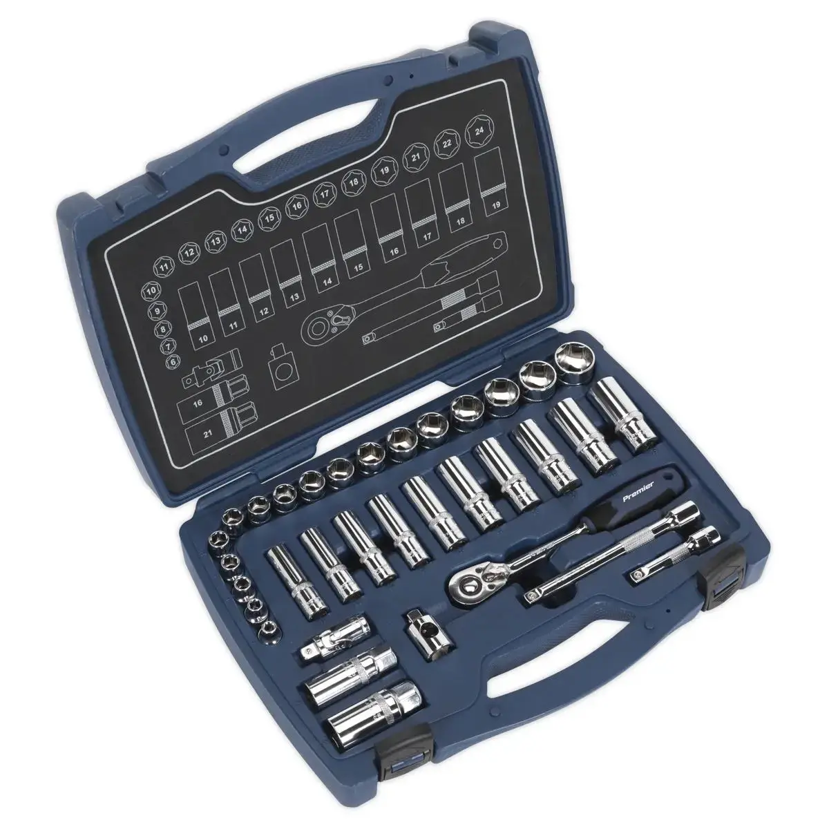 Sealey Premier 34 Piece 3/8" Drive Metric Socket Set 6-24Mm Walldrive Ratchet 1