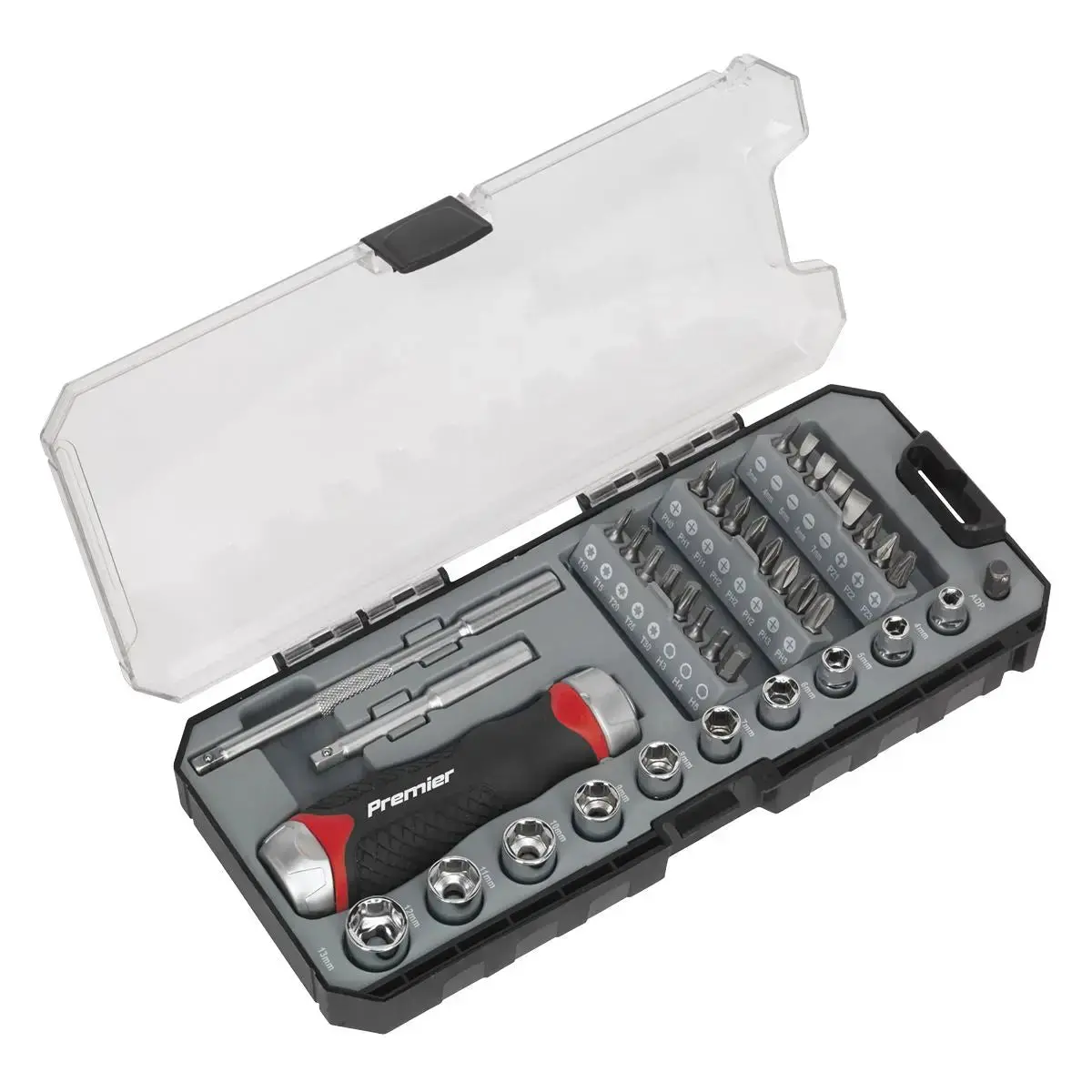 Sealey Premier 38 Piece Fine Tooth Ratchet Screwdriver & Accessory Set Socket Bit Set 1