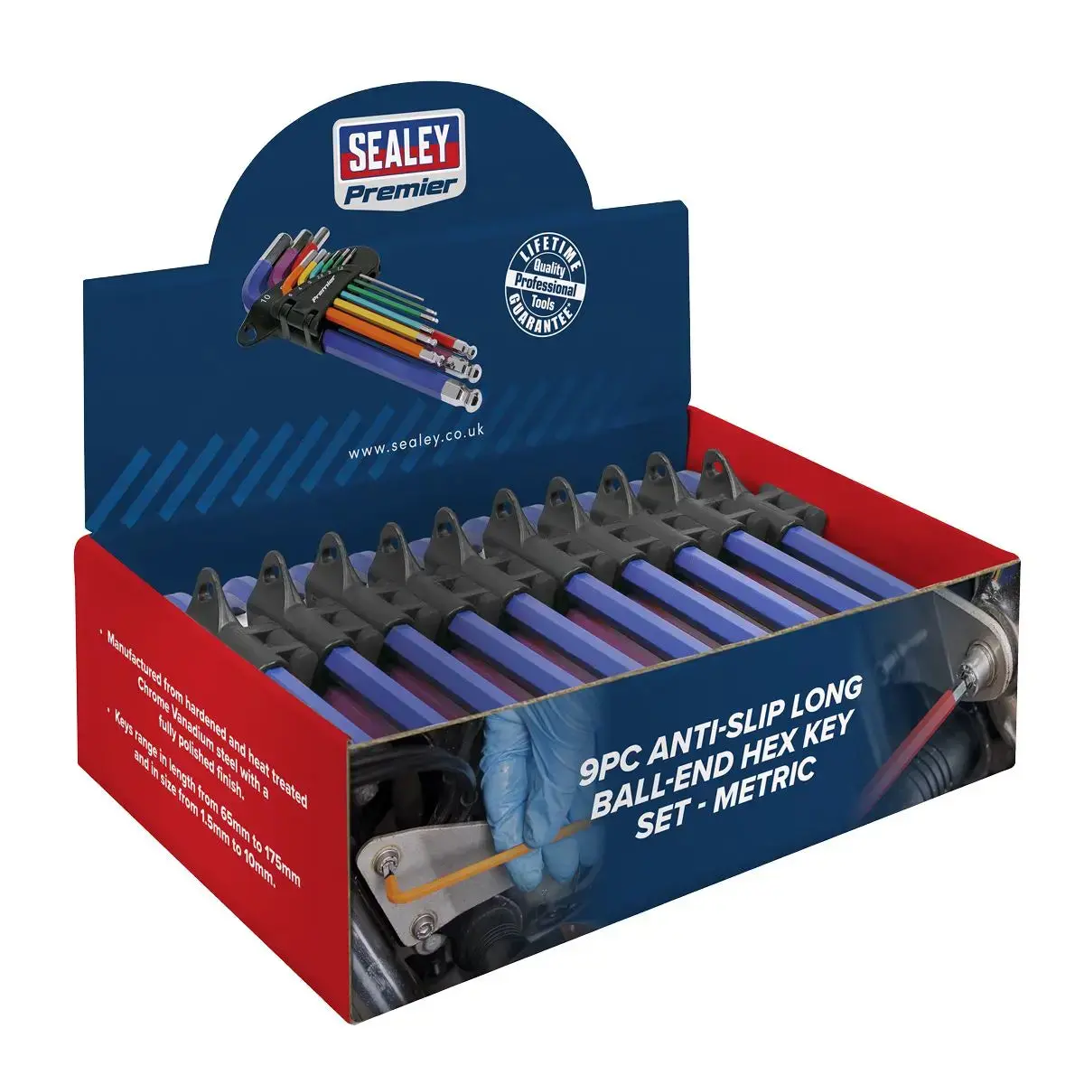 Sealey Premier Ball-End Hex Key Set 9Pc Colour-Coded Long Metric - Display Box Of 10 1