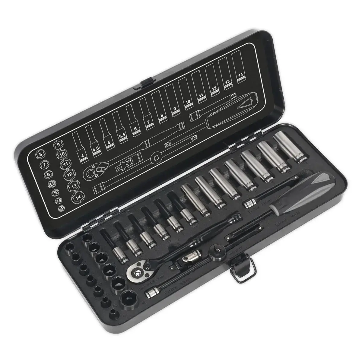 Sealey Premier Black 32 Piece 1/4" Drive Metric Socket Set Walldrive Ratchet Handle 1