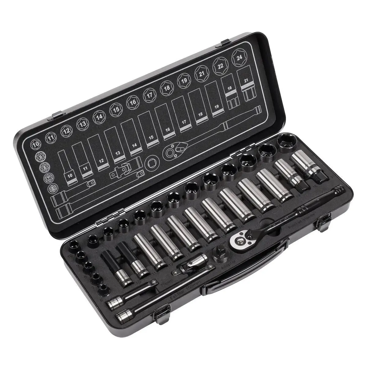 Sealey Premier Black 34 Piece 3/8" Drive Metric Socket Set Walldrive Ratchet Handle 1