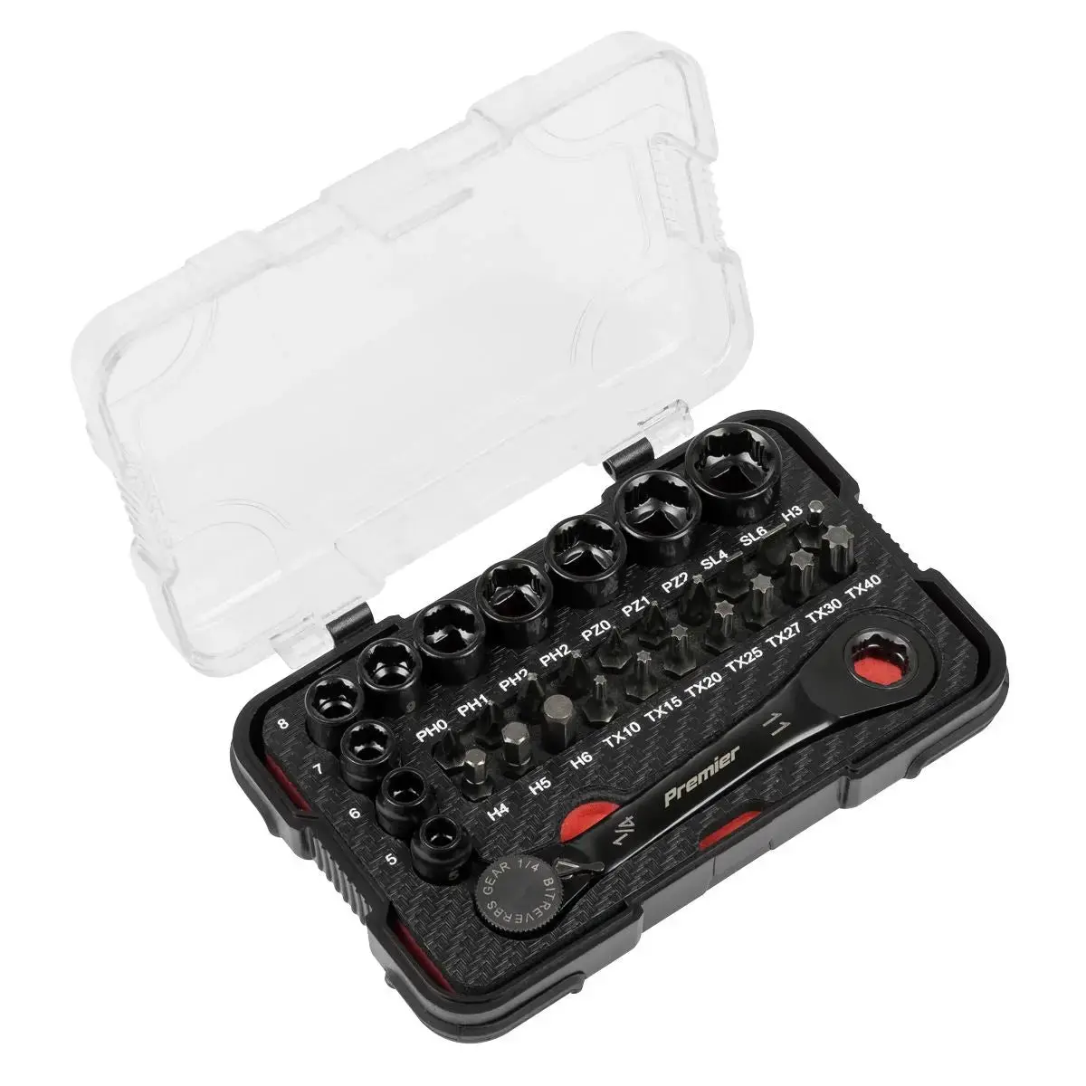 Sealey Premier Black Premier Black Go-Through Lock-On™ Low Profile Socket & Bit Set 1/4"Sq Drive 31Pc 1