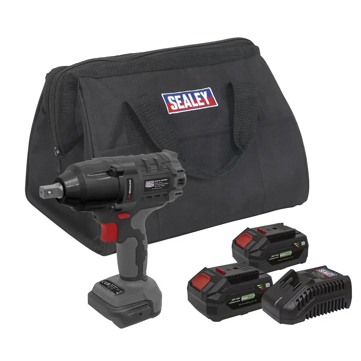 Sealey Premier Brushless Impact Wrench Kit 1/2"Sq Drive 20V 4Ah Sv20 Series - 2 Batteries 1