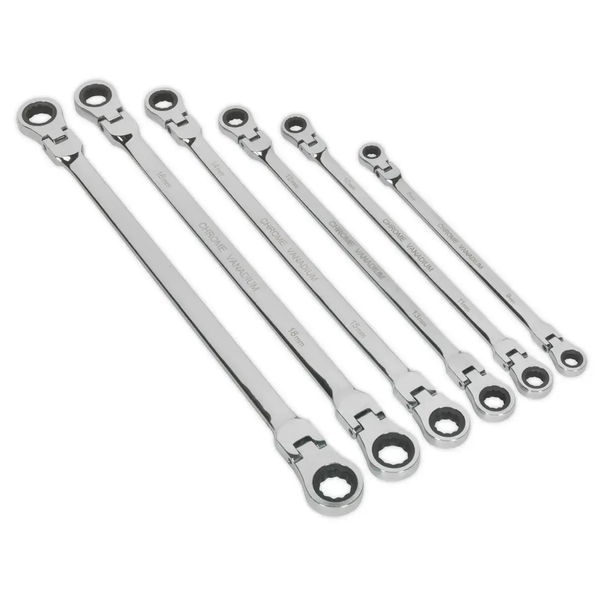 Sealey Premier Flexi-Head Double End Ratchet Ring Spanner Set 6Pc Extra-Long Metric 1