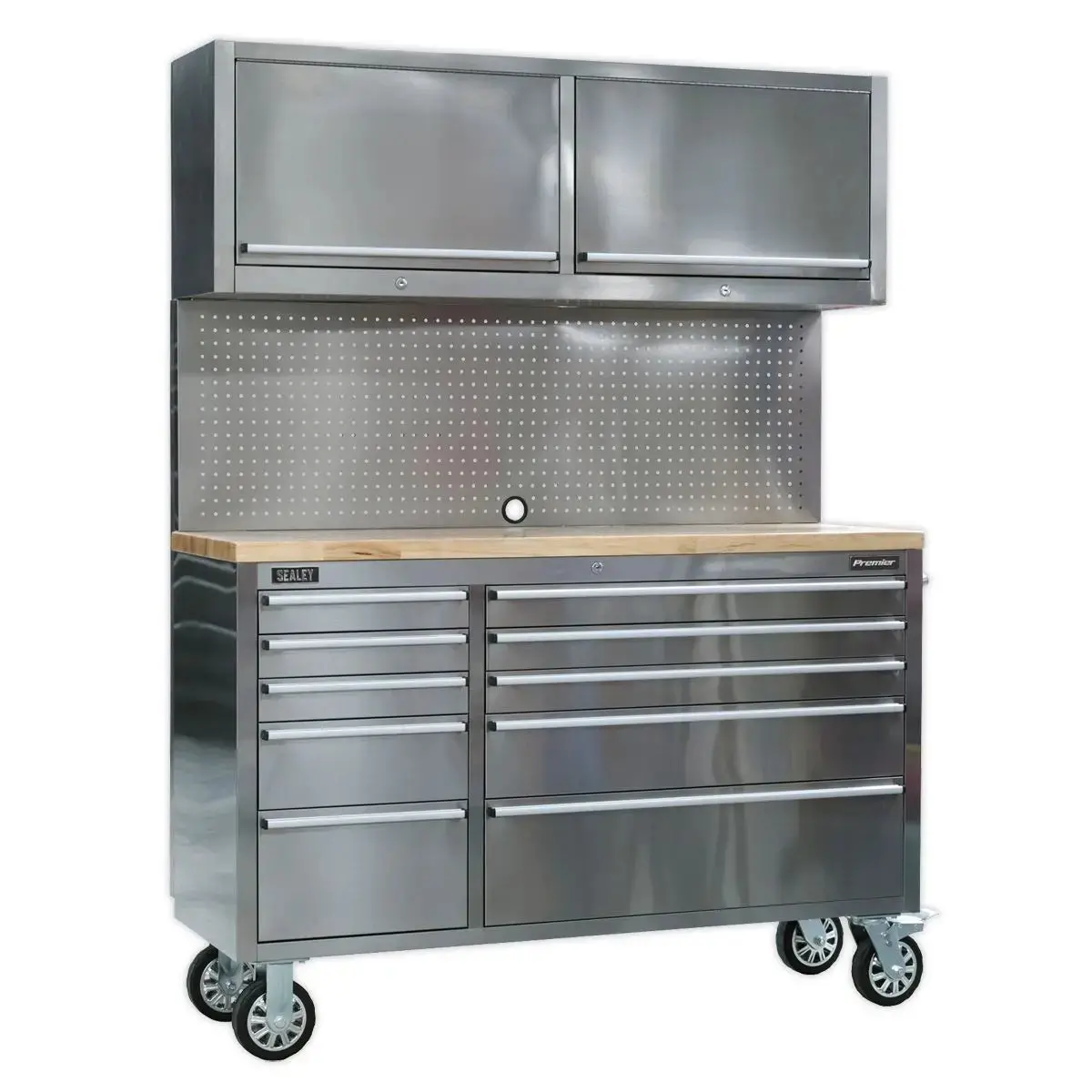 Sealey Premier Mobile Stainless Steel Tool Cabinet 10 Drawer With Backboard & 2 Wall Cupboards 1