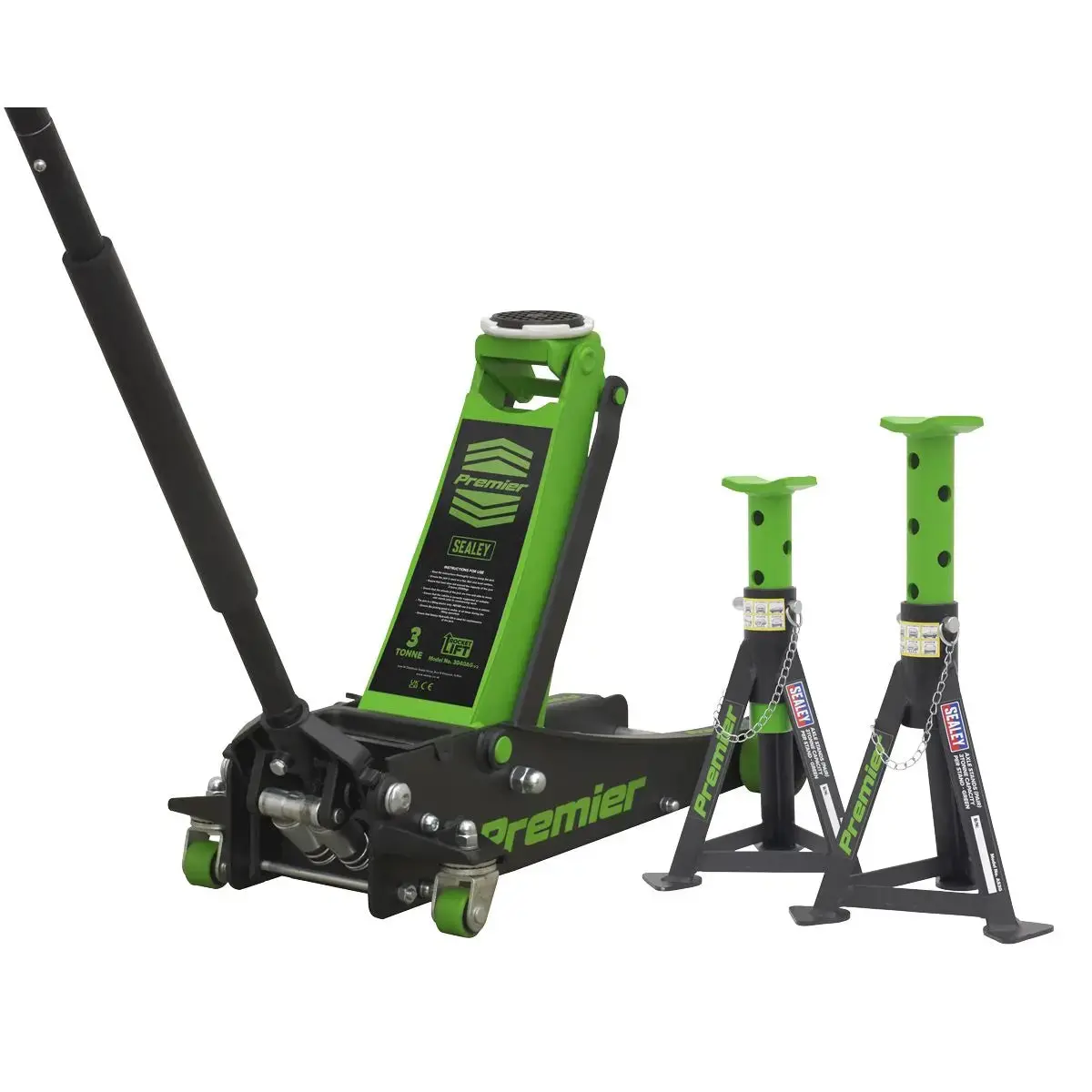 Sealey Premier Premier Trolley Jack 3 Tonne & Axle Stands (Pair) 3 Tonne Per Stand Combo 1