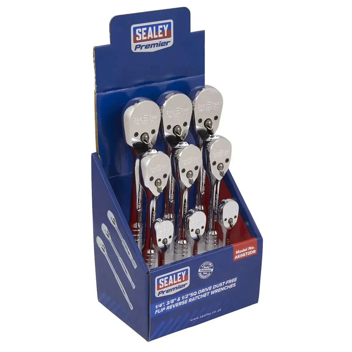 Sealey Premier Ratchet Wrenches 1/4", 3/8" & 1/2"Sq Drive Pear-Head Flip Reverse Display Box Of 9 1