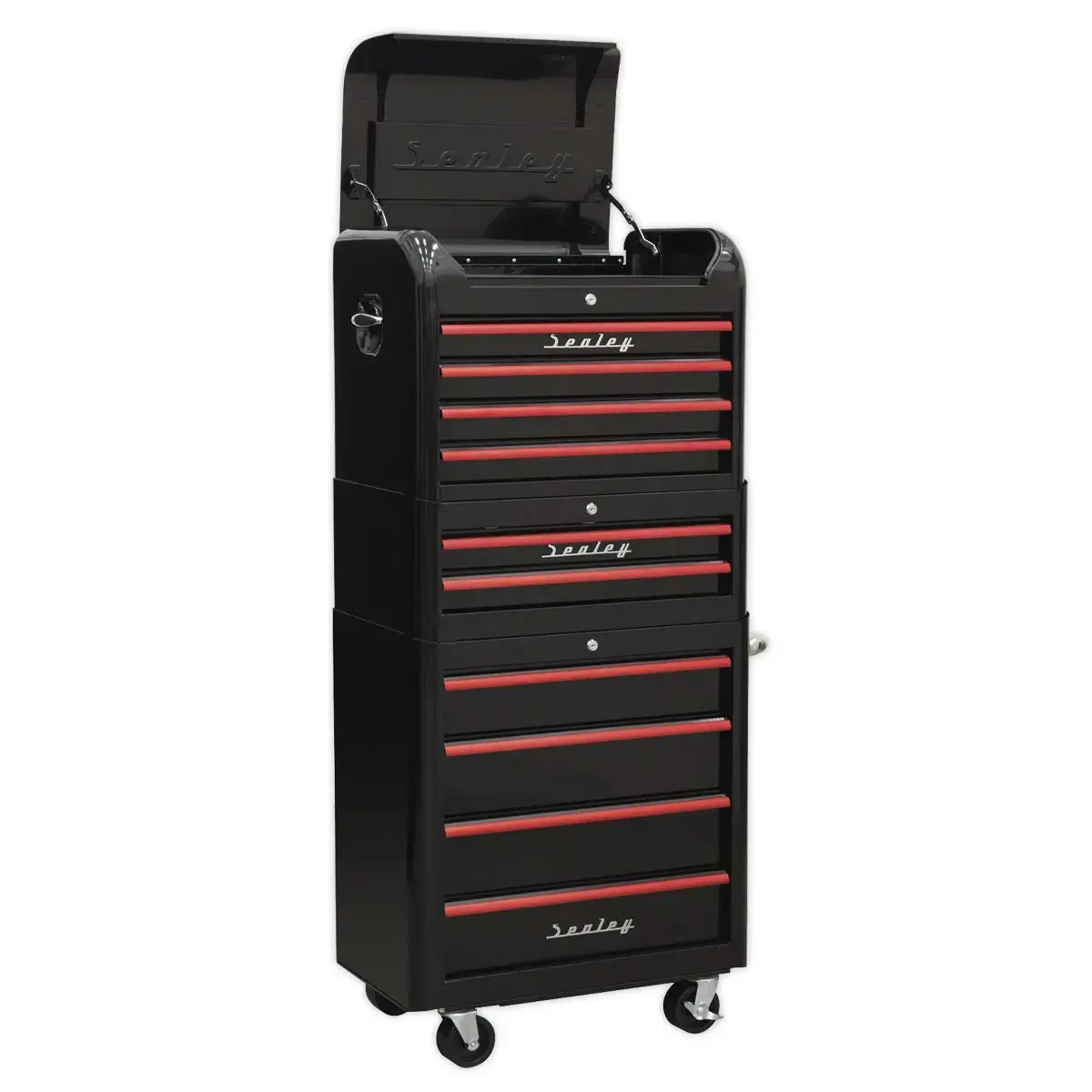 Sealey Premier Retro Style Topchest, Mid-Box Tool Chest & Rollcab Combination 10 Drawer - Black With Red Anodised Drawer Pulls 1