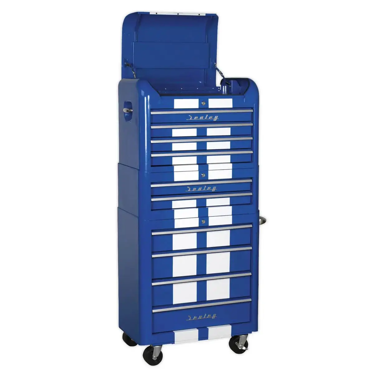Sealey Premier Retro Style Topchest, Mid-Box Tool Chest & Rollcab Combination 10 Drawer Blue/White Stripes 1