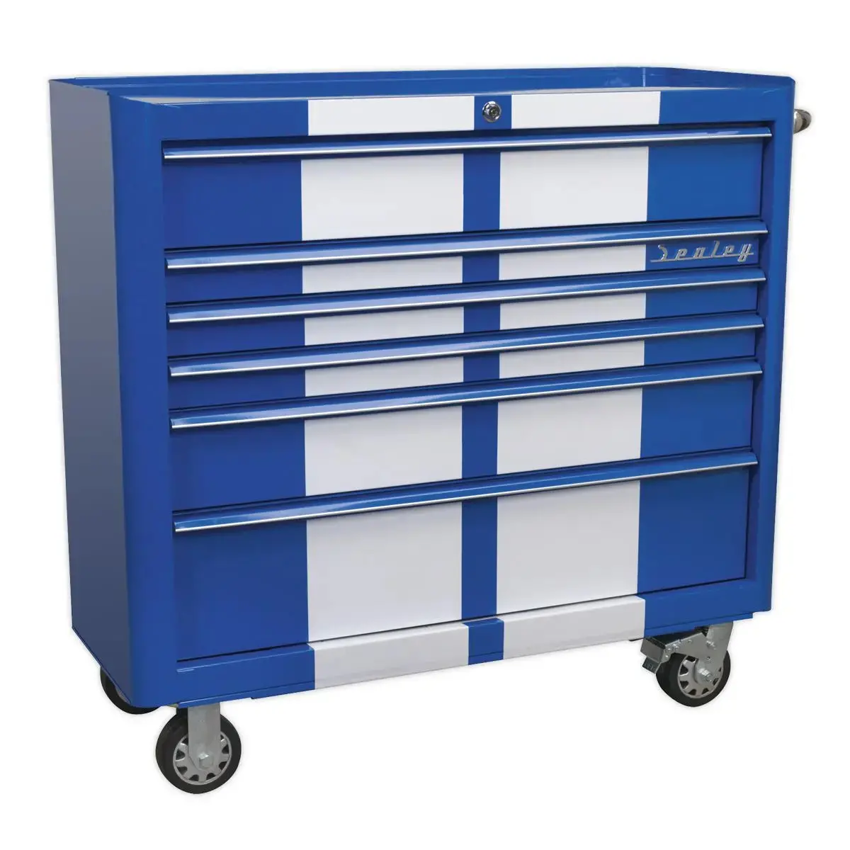 Sealey Premier Rollcab 6 Drawer Wide Retro Style - Blue With White Stripes 1