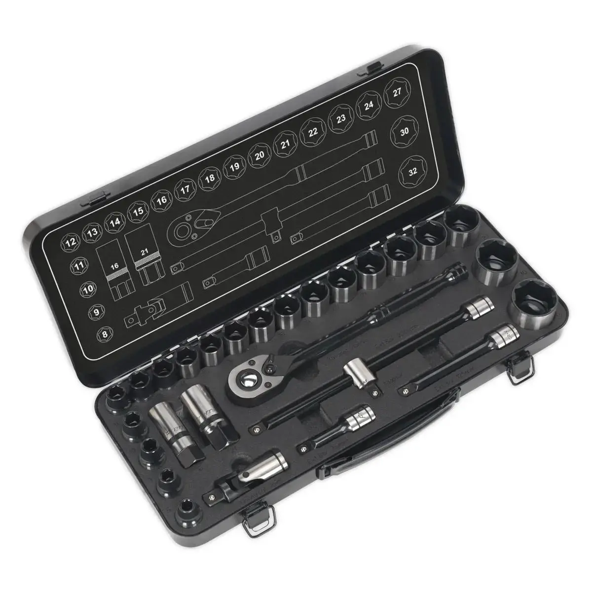 Sealey Premier Socket Set 28 Piece 1/2" Drive 6 Point Walldrive Metric Black Series 1