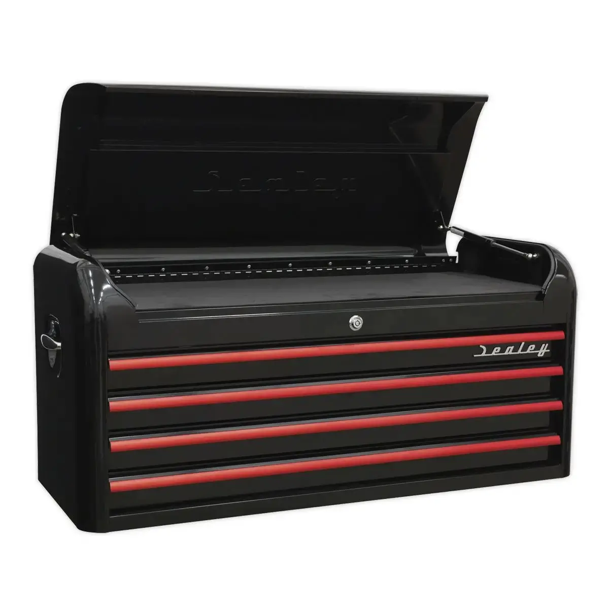 Sealey Premier Topchest 4 Drawer Wide Retro Style - Black With Red Anodised Drawer Pulls 1