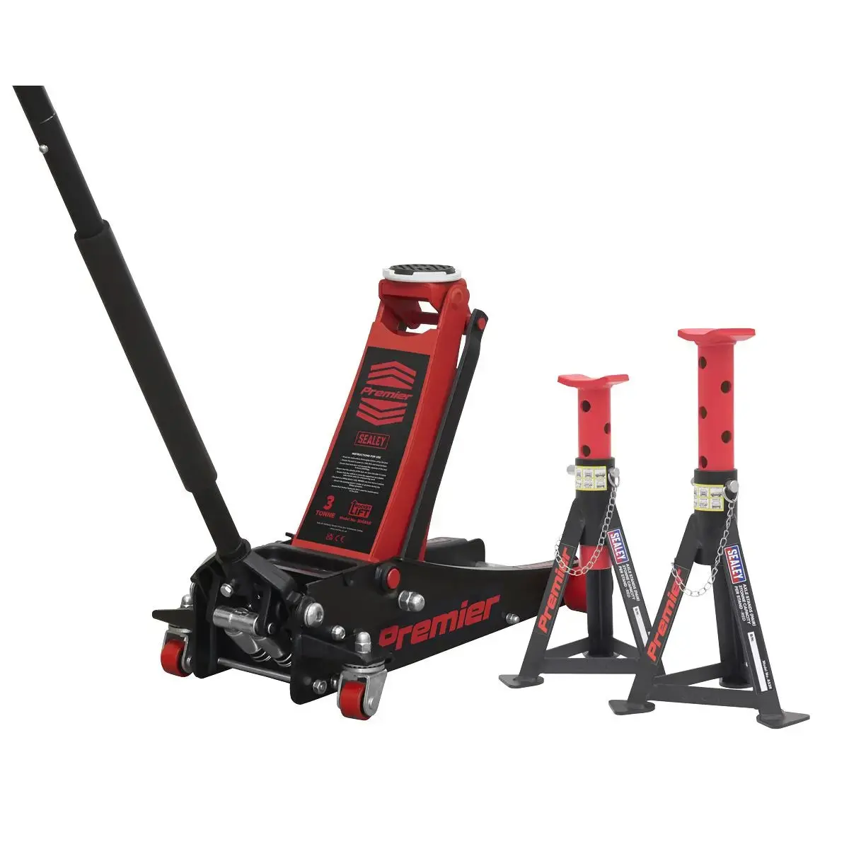 Sealey Premier Trolley Jack 3 Tonne & Axle Stands (Pair) 3 Tonne Per Stand Combo 1