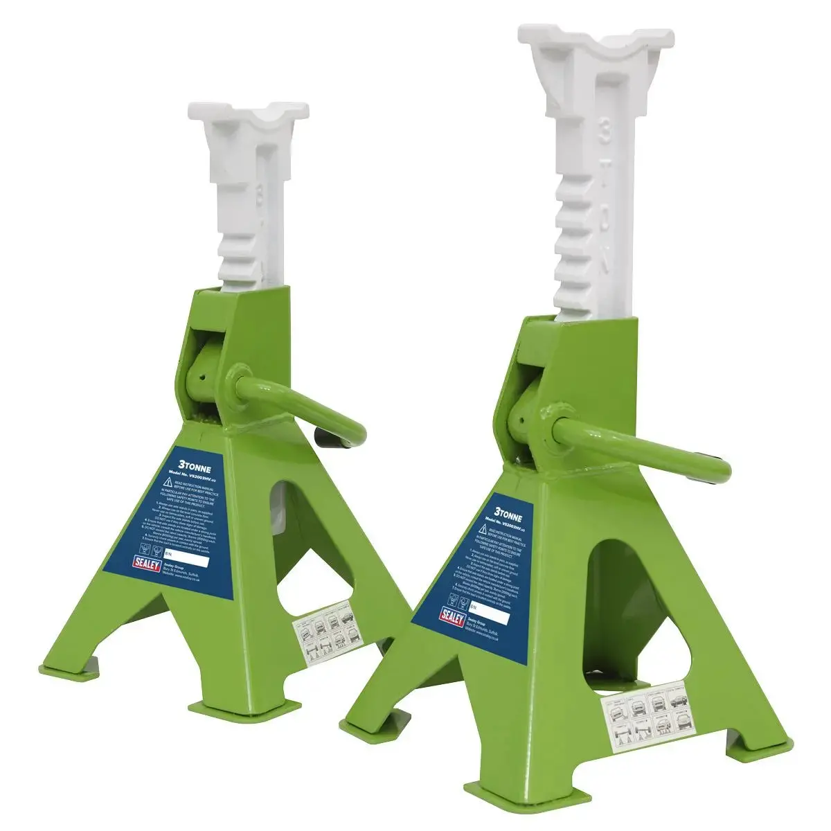 Sealey Ratchet Type Axle Stands (Pair) 3 Tonne Capacity Per Stand - Hi-Vis Green 1