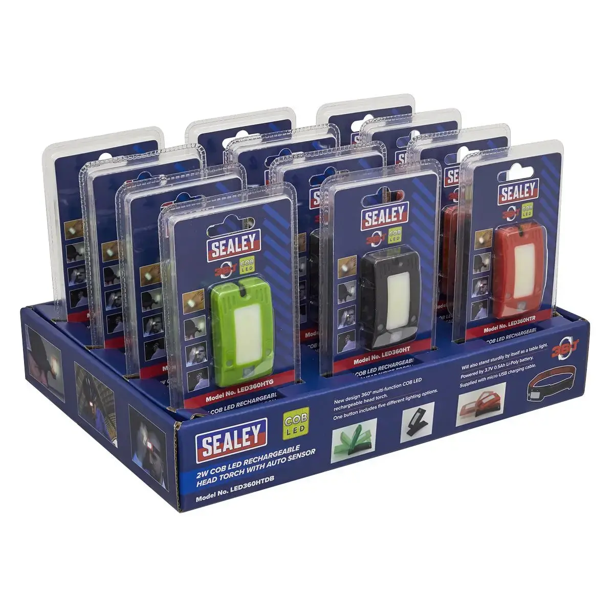 Sealey Rechargeable Head Torches Auto-Sensor Black 2W Cob Led Display Box Of 12 1