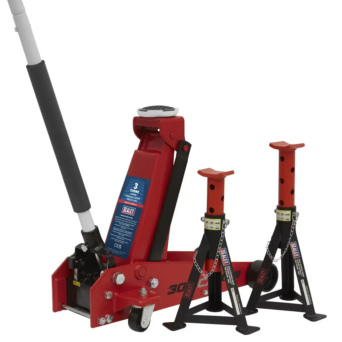 Sealey Standard Chassis Trolley Jack 3 Tonne With Axle Stands (Pair) 3 Tonne Capacity Per Stand 1