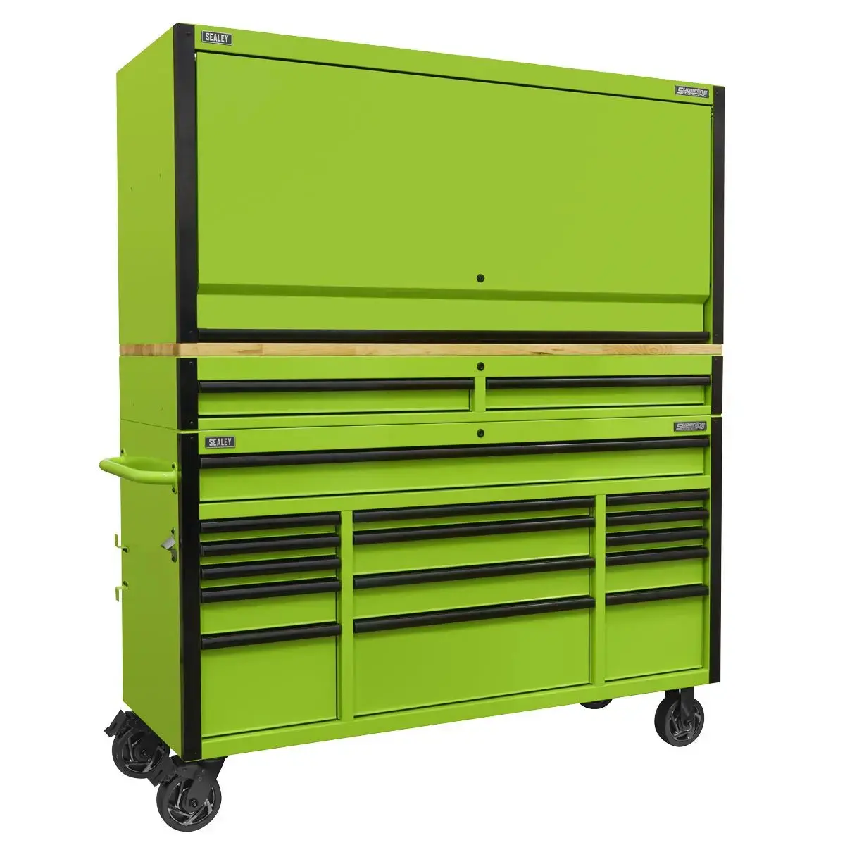 Sealey Superline Pro 15 Drawer 1549Mm Mobile Trolley With Wooden Worktop And Hutch And 2 Drawer Riser 1