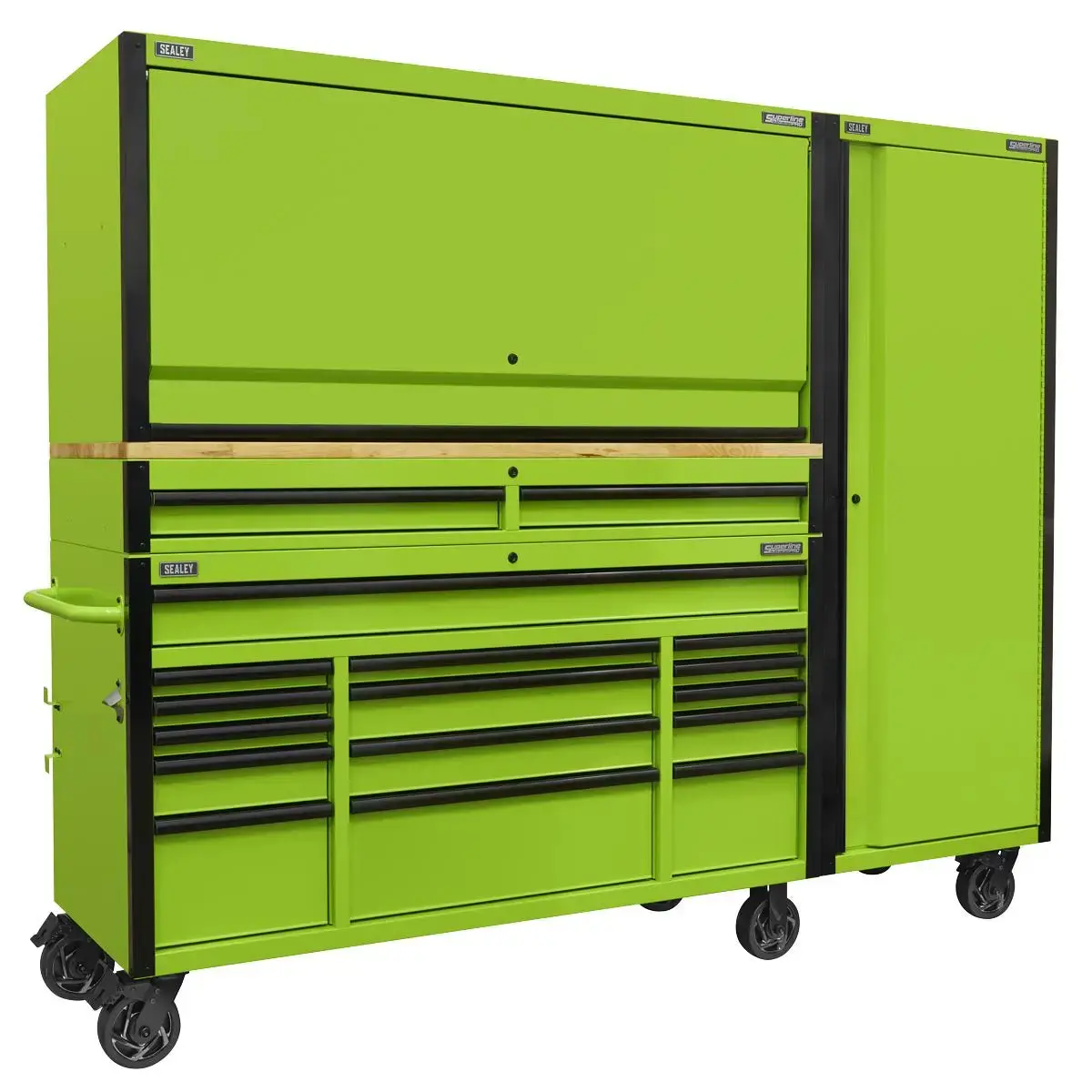 Sealey Superline Pro 15 Drawer 1549Mm Mobile Trolley With Wooden Worktop, Hutch, 2 Drawer Riser & Side Locker 1