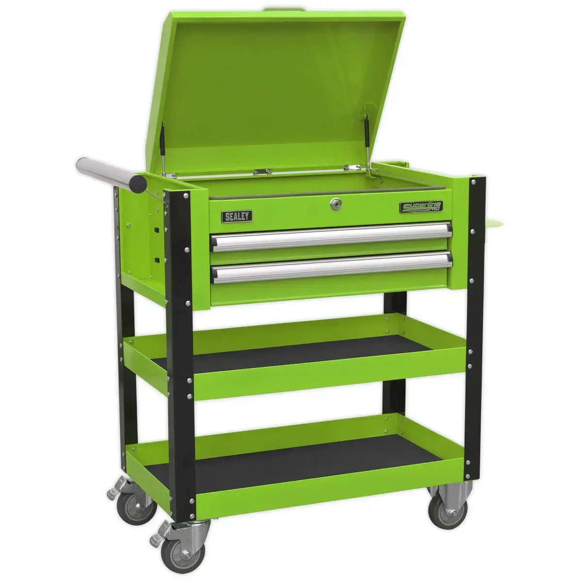 Sealey Superline Pro Heavy-Duty Mobile Tool & Parts Trolley 2 Drawers & Lockable Top - Green 1