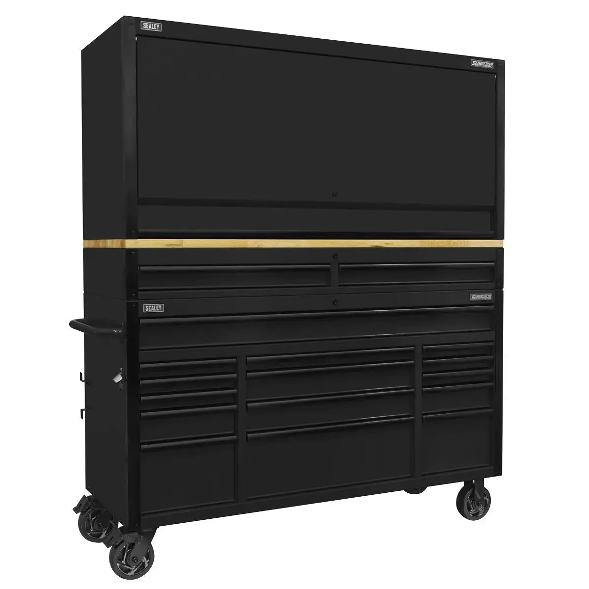 Sealey Superline Pro Superline Pro® Black Edition Mobile Trolley With Wooden Worktop 15 Drawer, Hutch & 2 Drawer Riser 1549Mm 1
