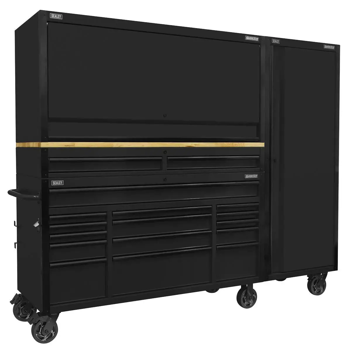 Sealey Superline Pro Superline Pro® Black Edition Mobile Trolley With Wooden Worktop 15 Drawer, Hutch, 2 Drawer Riser & Side Locker 1549Mm 1
