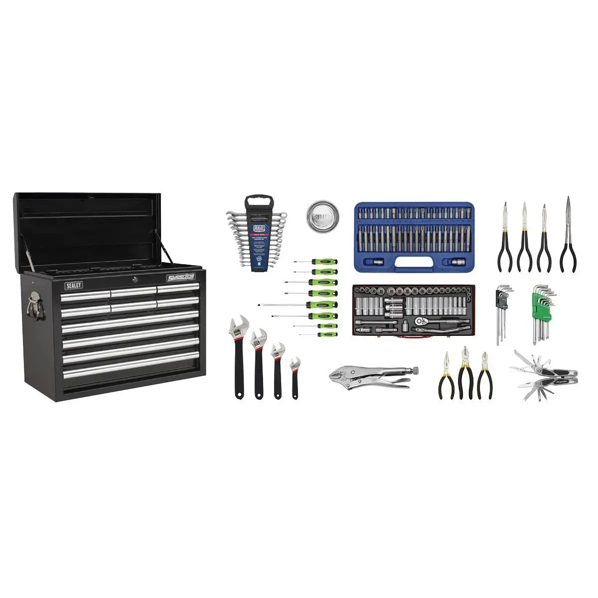 Sealey Superline Pro Topchest 10 Drawer With Ball-Bearing Slides - Black & 140Pc Tool Kit 1