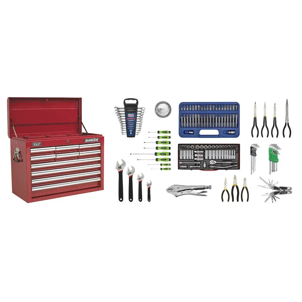 Sealey Superline Pro Topchest 10 Drawer With Ball-Bearing Slides - Red & 140Pc Tool Kit 1