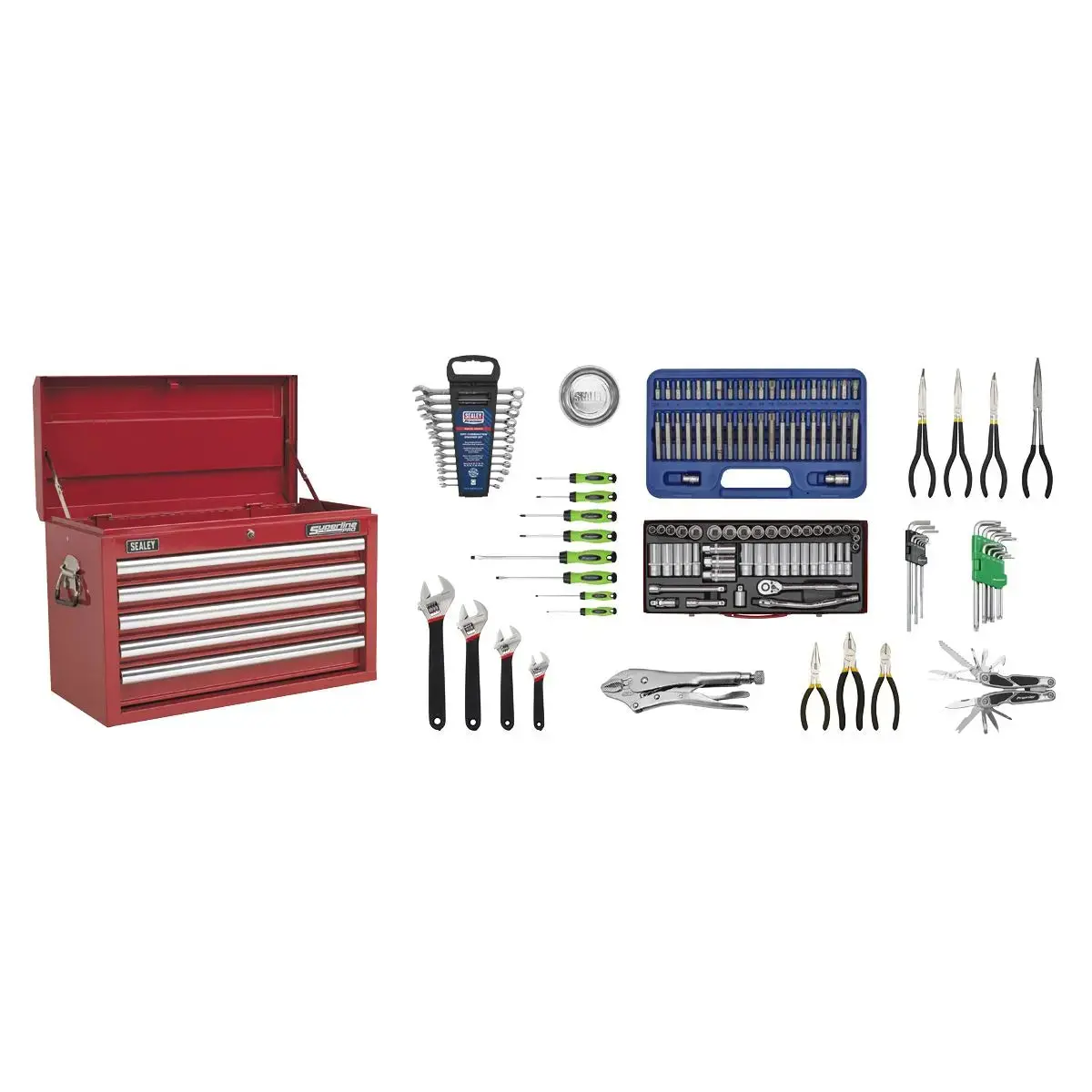 Sealey Superline Pro Topchest 5 Drawer With Ball-Bearing Slides - Red & 140Pc Tool Kit 1