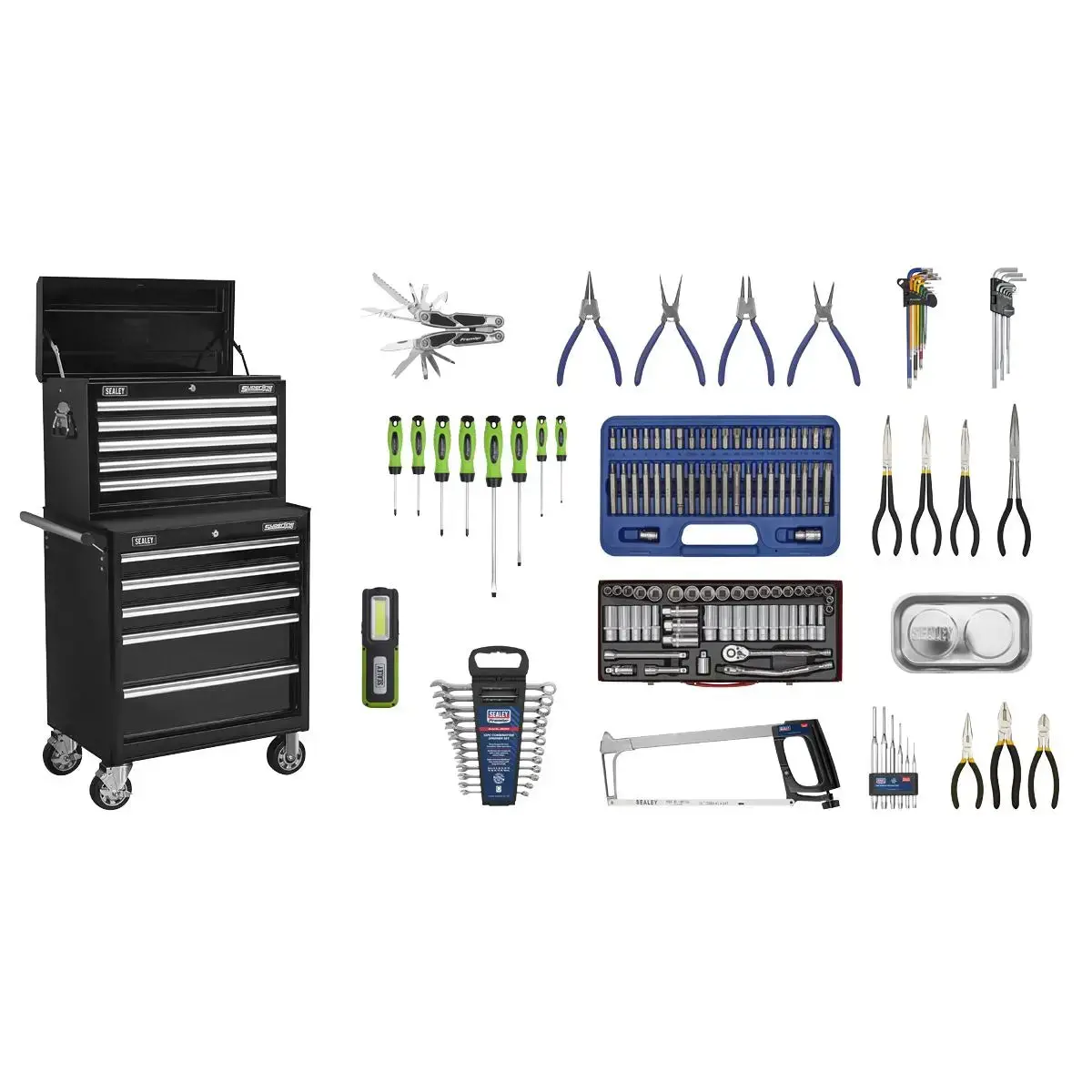 Sealey Superline Pro Topchest & Rollcab Combination 10 Drawer With Ball-Bearing Slides - Black With 148Pc Tool Kit 1