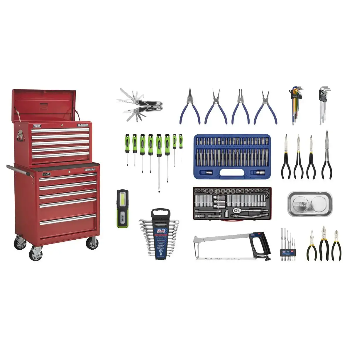 Sealey Superline Pro Topchest & Rollcab Combination 10 Drawer With Ball-Bearing Slides - Red With 148Pc Tool Kit 1