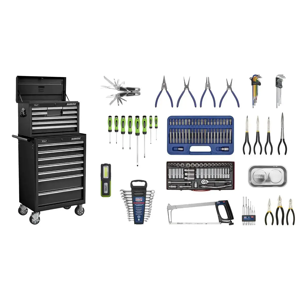 Sealey Superline Pro Topchest & Rollcab Combination 15 Drawer With Ball-Bearing Slides - Black & 148Pc Tool Kit 1