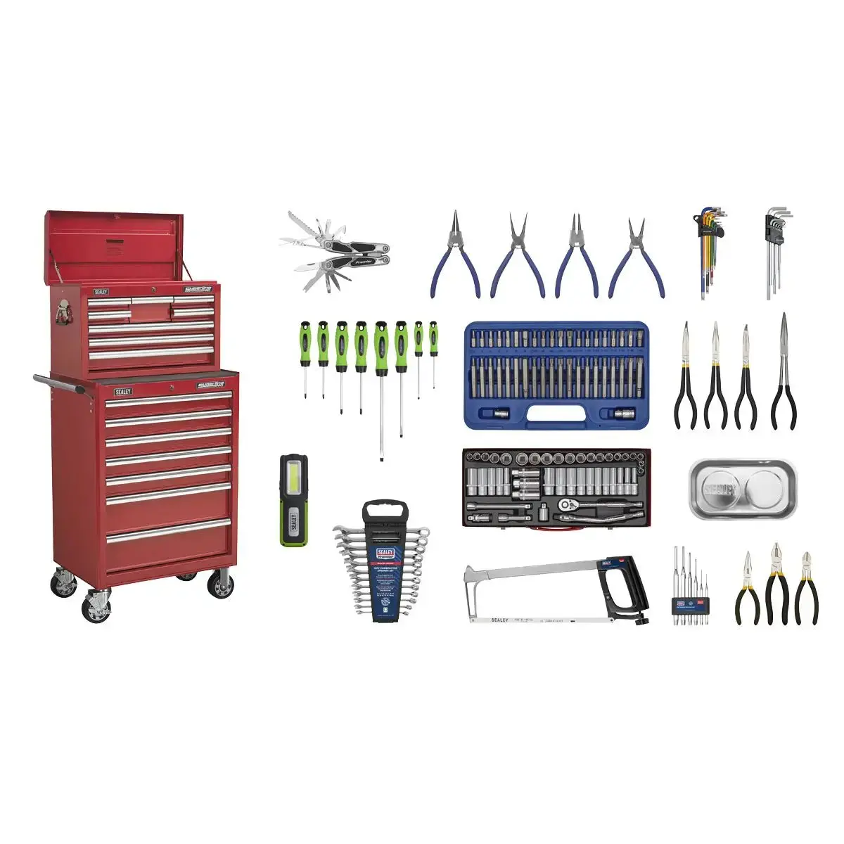 Sealey Superline Pro Topchest & Rollcab Combination 15 Drawer With Ball-Bearing Slides - Red & 148Pc Tool Kit 1