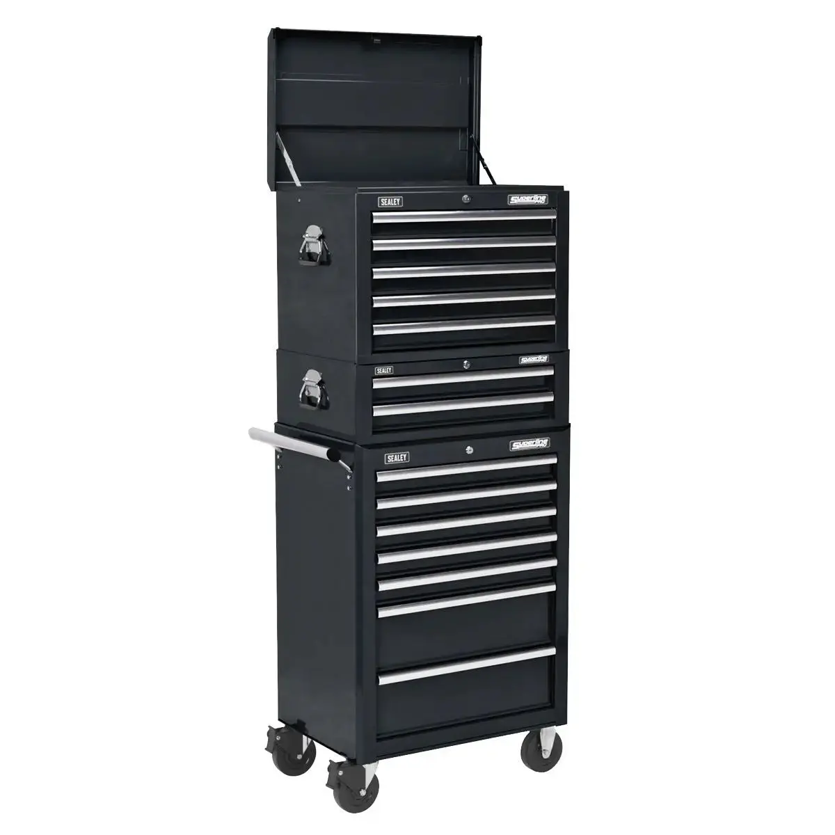 Sealey Superline Pro Topchest, Mid-Box Tool Chest & Rollcab Combination 14 Drawer With Ball-Bearing Slides - Black 1