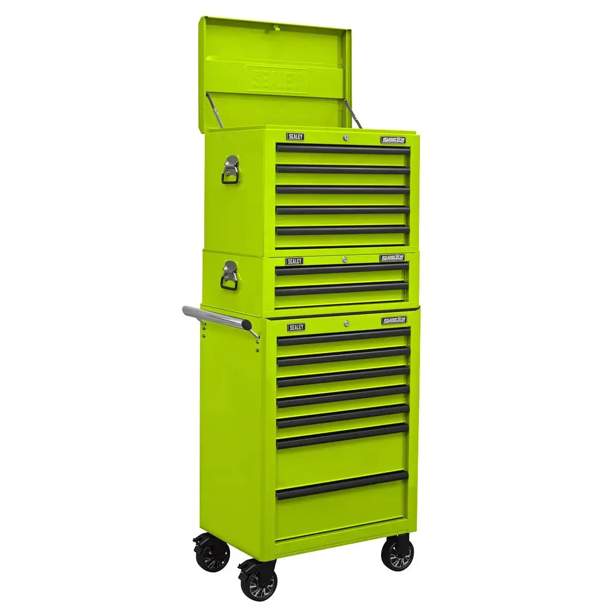Sealey Superline Pro Topchest, Mid-Box Tool Chest & Rollcab Combination 14 Drawer With Ball-Bearing Slides - Green 1