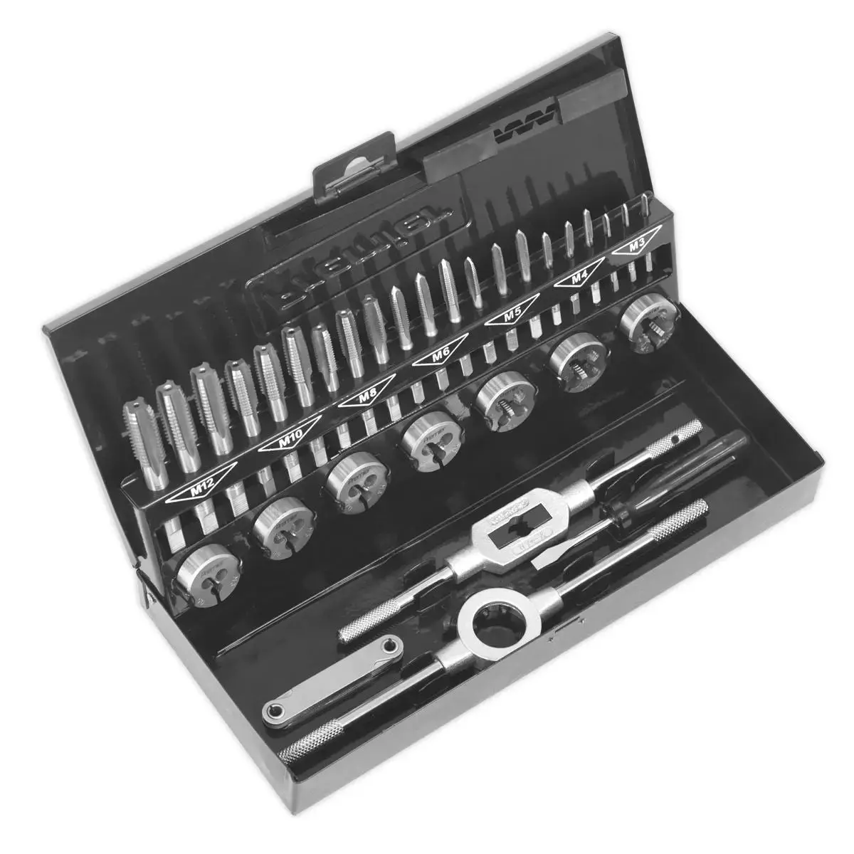 Sealey Tap And Die Set Metric 32 Piece Split Dies Hss 4341 M3-M12 Metal Case 1