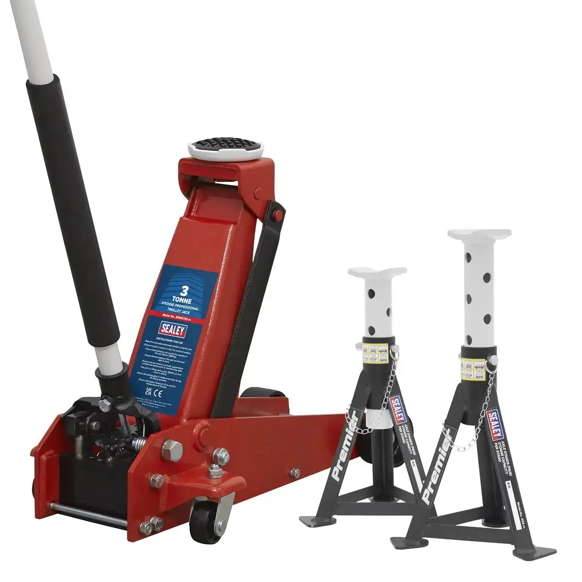 Sealey Trolley Jack 3 Tonne & Axle Stands (Pair) 3 Tonne Per Stand Combo 1