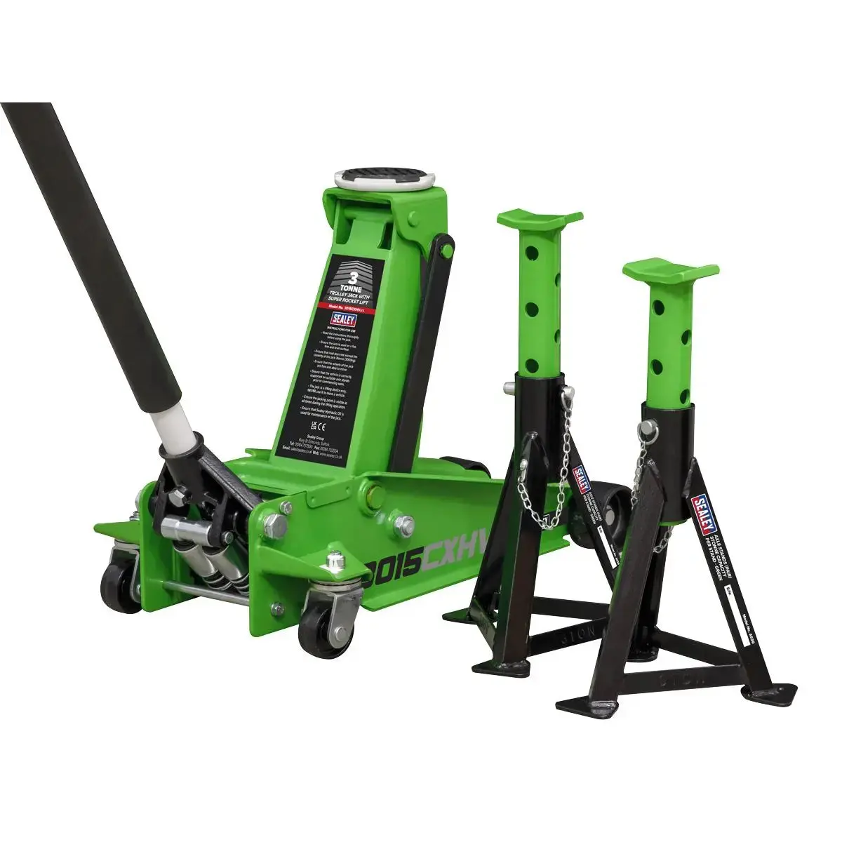 Sealey Trolley Jack With Super Rocket Lift 3 Tonne & Axle Stands (Pair) 3 Tonne Capacity Per Stand - Green 1