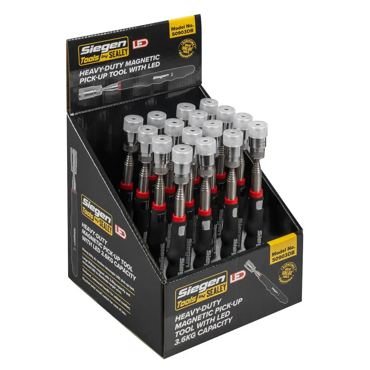 Siegen By Sealey Heavy-Duty Magnetic Pick-Up Tool With Led 3.6Kg Capacity Display Box Of 16 1