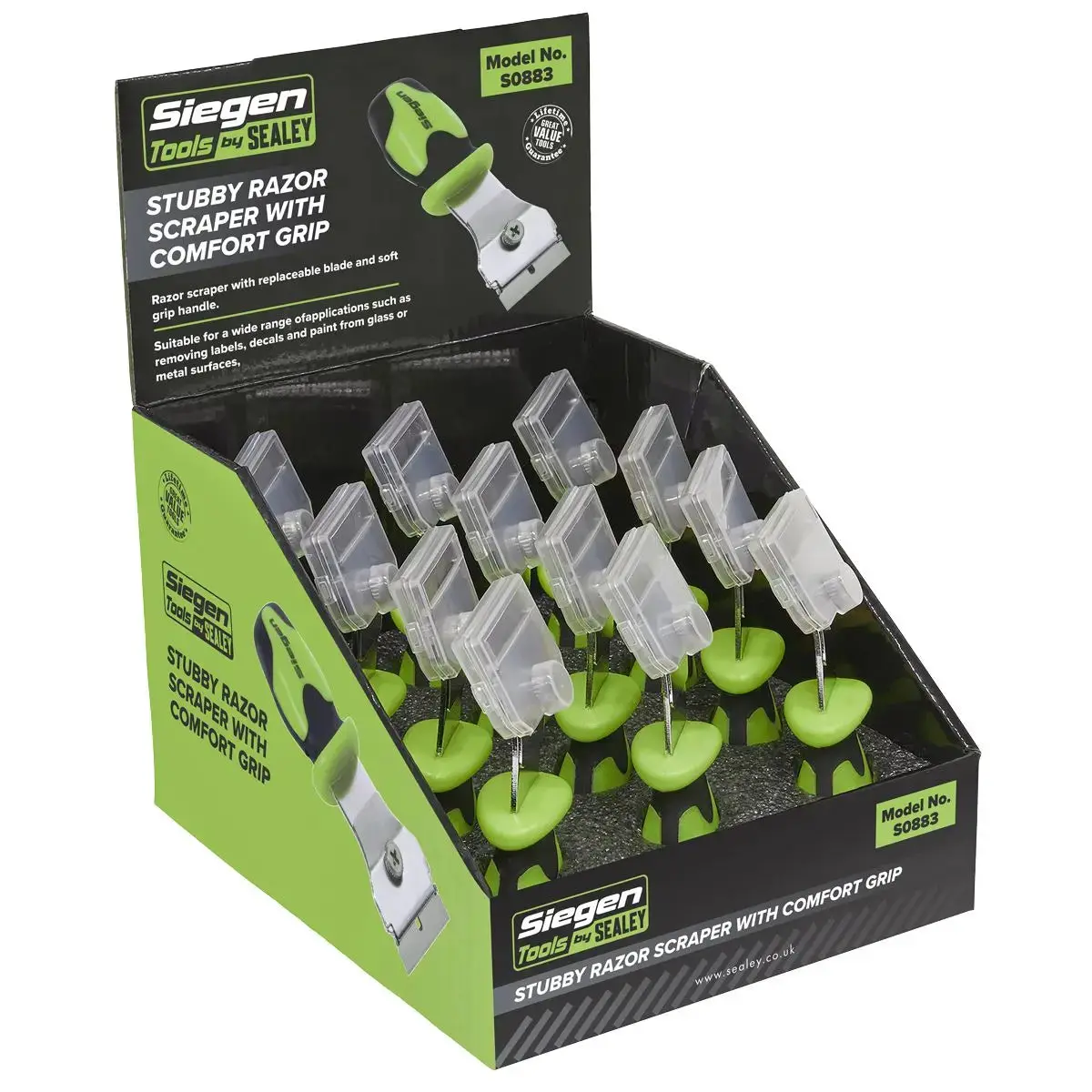 Siegen By Sealey Razor Scraper With Comfort Grip Stubby Display Box Of 12 1
