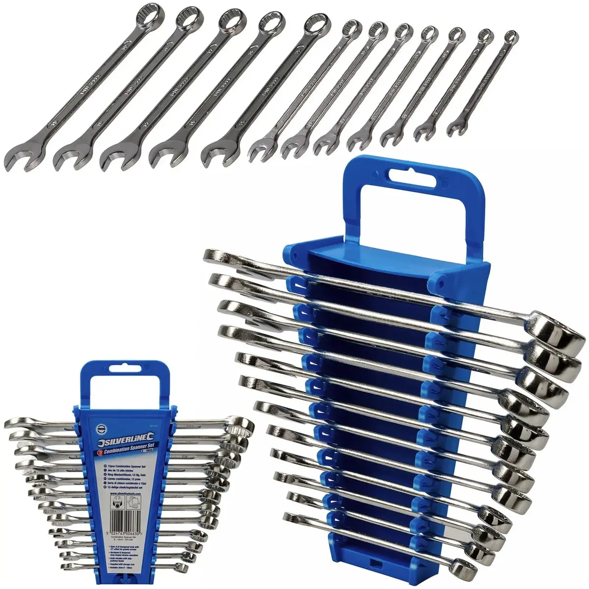 Silverline 12 Piece Combination Spanner Set 8-19Mm Open End Hex Storage Rack 1