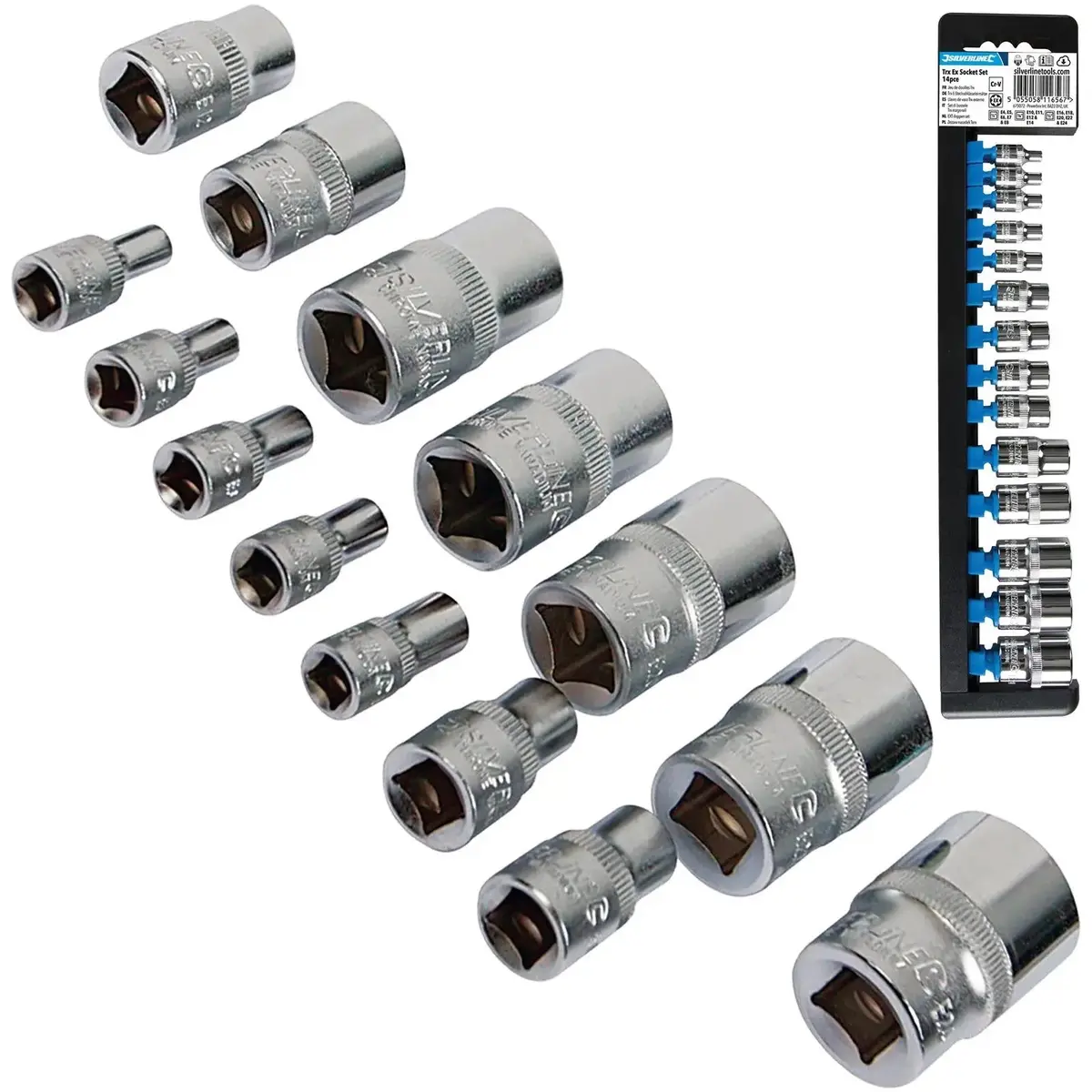 Silverline 14 Piece Torx External Socket Set E4-E24 1/4" 3/8" 1/2" Drive 14Pc 1
