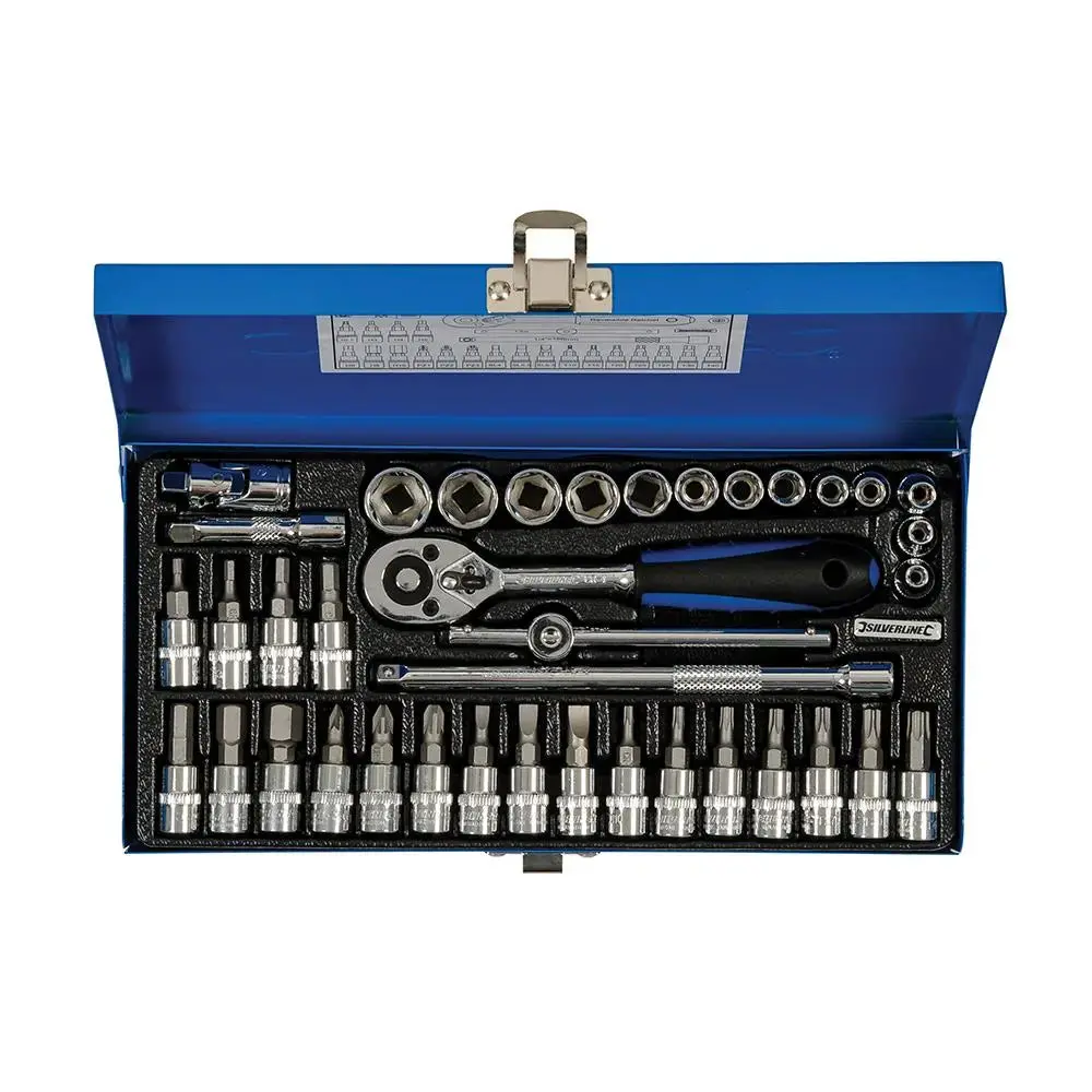Silverline 38 Piece 1/4" Drive Metric Socket Wrench Set Extension Bar Ratchet Handle 1