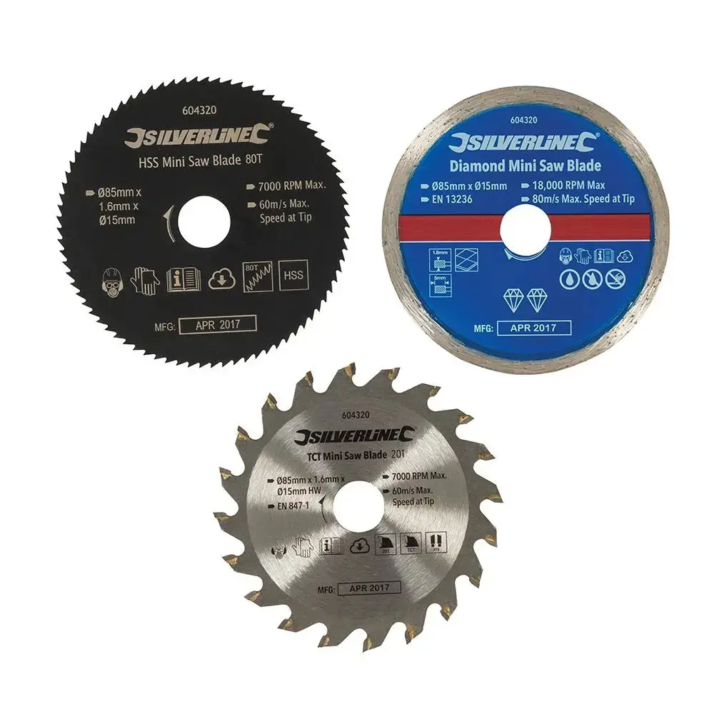 Silverline Mini Saw Blade Set 3Pce 85Mm Dia - 15Mm Bore 604320 1