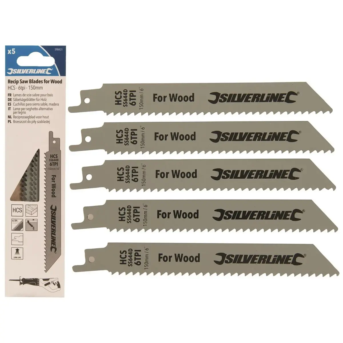 Silverline Recip Saw Blades For Wood Hcs 5 Pack 6 Tpi 150Mm Cutting Blades 1