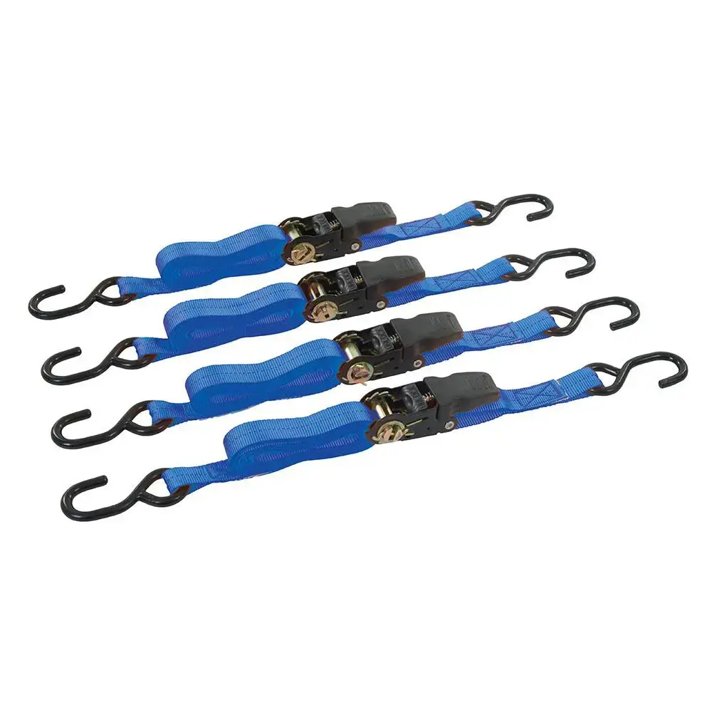 Silverline Rubber-Handled Ratchet Tie Down Strap S-Hook 4Pk 4M X 25Mm Rated 350Kg Capacity 700Kg 648419 1